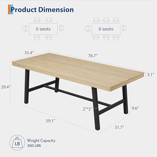 Image of GarveeHome Industrial Dining Table for 6-8 People, 78.7 inch Long Large Kitchen Table with Sturdy Metal Frame, Rectangular Counter for Dinner, Kitchen, Dining Room (Natural, 79 inch Non-extendable)