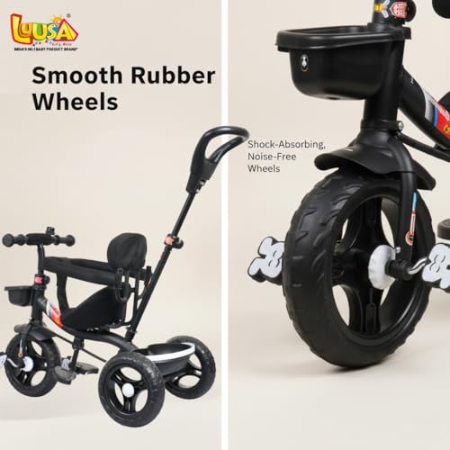 Image of Luusa GT-1 Kids Tricycle with Parental Control Handle, Safety Guard Rail & Cushioned Seat | Plug & Play Baby Trike for Boys & Girls (1 to 4 Years) | Up to 25 kg Load Capacity | Made in India | Black Edition