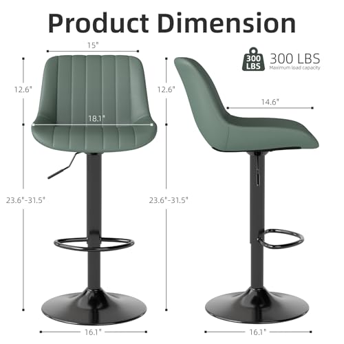 Image of Youhauchair Adjustable Faux Leather Bar Stools Set of 2, Green | Swivel, Counter Height, Back & Footrest, Armless, PU, Modern, Kitchen Island Stool, Upholstered Dining Room Chair