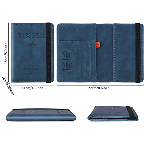 Image of Passport Holder Passport Cover with RFID Blocking Protector Travel Wallet Organiser for Men Women PU Leather Document Holder Credit Cards Boarding Ticket (Blue), Blue