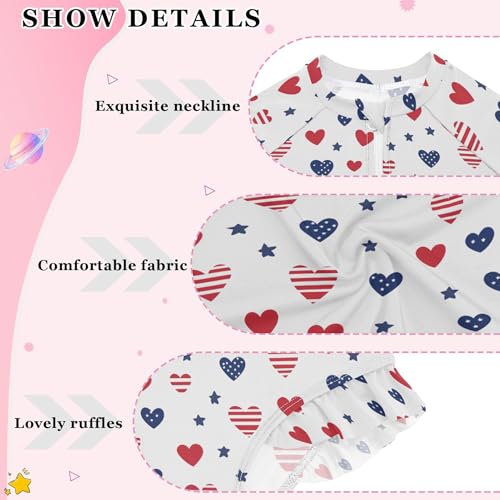 July 4th Independence Day Heart Girls Long Sleeve Rashguard Swimsuit UV Protection One-Piece Swimwear B04045904