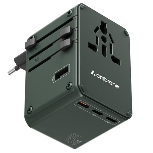 Ambrane 45W Universal Charger Adapter, Supports Laptop Charging: MacBook & Type C Laptop, 3X, 1x USB, 2500W AC Socket, International Worldwide Travel Adapter, PD Charging (ATA-04, Green)