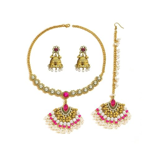 IMINI Conjunto de joyería para novia para mujer, collar indio chapado en oro antiguo, pendientes y maang tikka con estrás y perlas – Bollywood Boda Festival joyería étnica regalo, Large, Metal