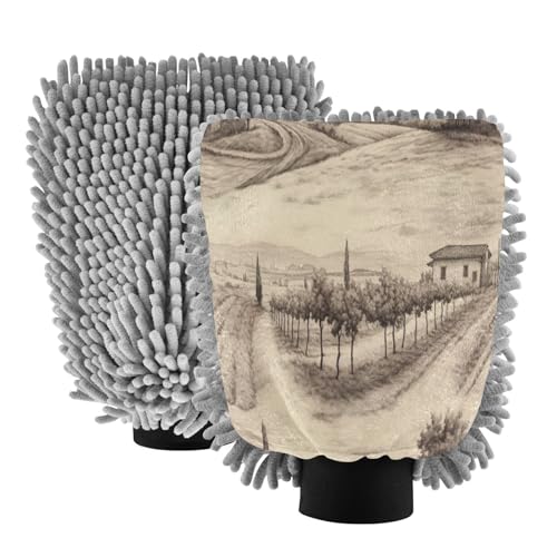 Flradish 2 Pack Retro Farmhouse Car Wash Mitt Chenille Microfiber Lint-Free Scratch Free Ultra-Soft Absorbent Car Wash Mitt 11.8x8.07 Inch