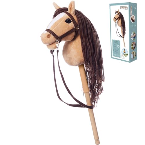 HOPPIHORSE Steckenpferd mit Trense - A4 - Hobby Horse mit Zügeln, Schultergurt, Schweif - hochwertiges Plüsch mit Langer Mähne - Silikongriff für besseren Halt - mit Geschenkverpackung