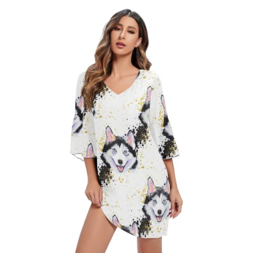 Robe col v husky kawaii aquarelle pour vos sorties d'été décontractées et légères