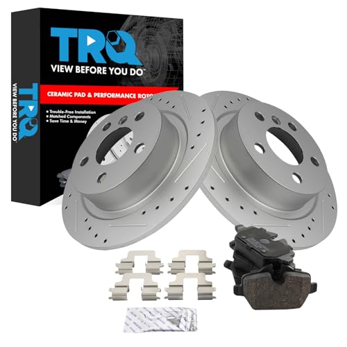 Image of TRQ Performance Rear Brake Pad and Rotor Set Ceramic Coated Drilled Slotted Compatible with 2017-2018 Mini Cooper Countryman