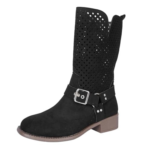 Bottines pour femme avec tige perforée style vintage et bottes de motard talon bloc