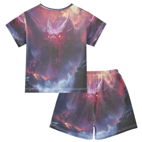 ALAZA Red Dragon Water Pajamas Set Short Sleeve Cotton Sleepwear Summer Pjs 2 Piece 5-14Y2