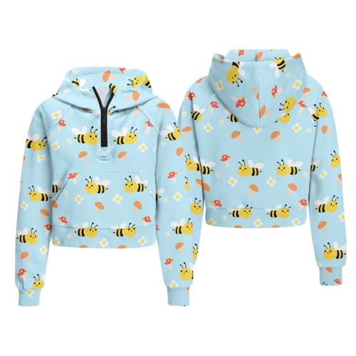 Girls' Cropped Half Zip Hoodie, Lightweight Pullover with Pocket for Casual Fall Spring Wear