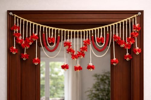 Image of Luxury Red Floral Pearl Toran 3 Feet | Handcrafted Traditional Bandhanwar for Door & Mandir | Festive Indian Home Decoration