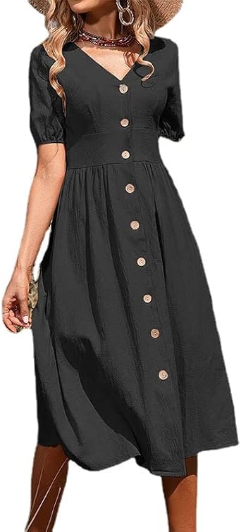 Women Summer Solid Short Sleeve Knee Length Dress V-Neck Button Down A-Line Swing Party Midi Dress