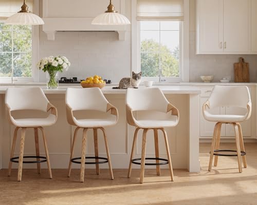 26 Inch Modern Barrel Swivel Counter Stools Counter Height Swivel Bar Stools with Backs Set of 4, Cream Linen Upholstered Bar Height Island Chairs, Farmhouse Solid Wood Barstools for Kitchen Island