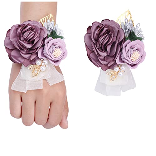 Fiwisora Satin Rose Men's Boutonniere Groom Boutonniere Bridegroom Boutonniere for Wedding Prom Party (Vintage Purple Wrist Corsage & Boutonniere)