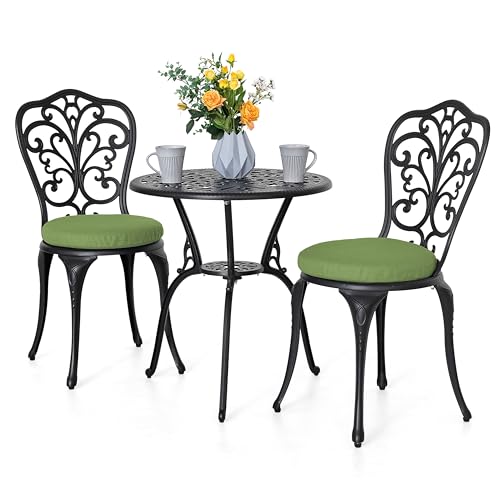 Avestar Ensemble de Bistrot de Jardin 3 Pièces avec Trou pour Parasol, Mobilier d'Extérieur Comprenant 1 Table et 2 Chaises avec Coussin Vert, Cadre en Aluminium, Design Léger, Noir