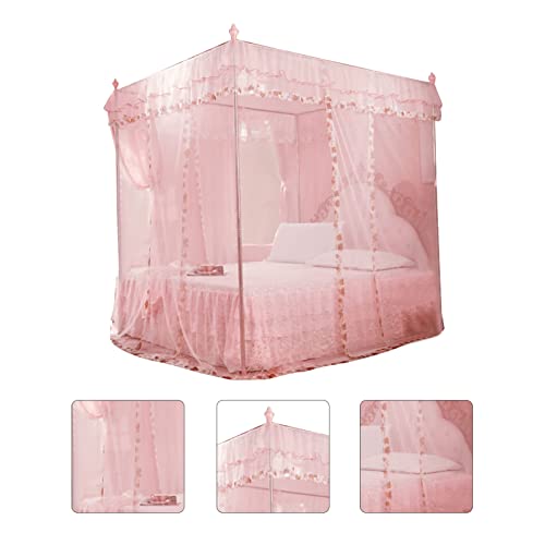 Cortina de cama con dosel de triple apertura y red transpirable con ribete de encaje de lujo 4