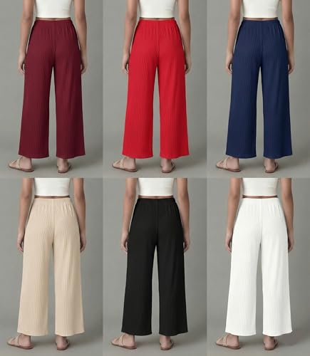Image of Set of Combo Trouser and Pants for Girls and Women's Relaxed Fit Stretchable Regular Fit Palazzos Lightweight Elastic Waistband Bottoms for Daliy Office & Casual Wear