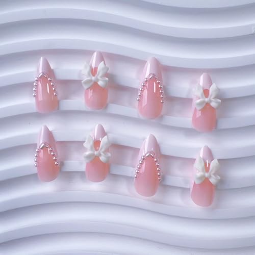 Generic White French Tip Press On Nails Almond Medium Pink False Nails With White 3D Butterfly Pearl Decorations Nude Glossy Bow Fake Nails Pearl Nail Tips Full Cover Stick On Nails For Women Girls 24Pcs thumb #2