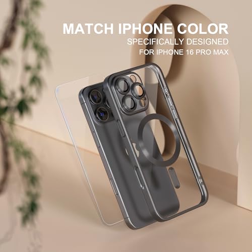 Image of Misea Magnetic for iPhone 16 Pro Max Case Compatible with MagSafe | Never Yellowing, Military Drop Protection, Full Camera Lens Protector Plating Soft Clear Phone Case for Women, Titanium Black