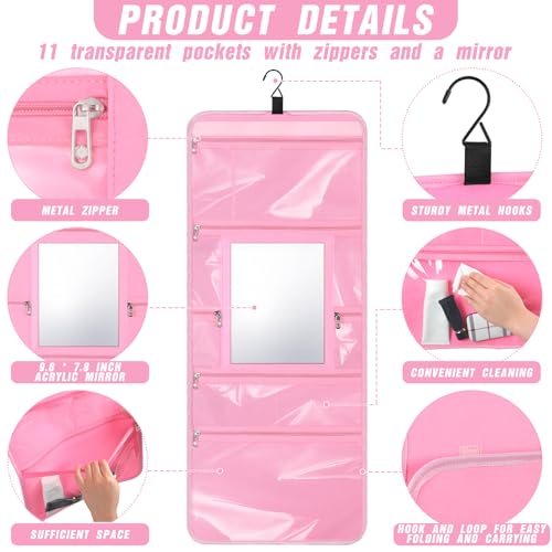 Hanging Toiletry Bag with Mirror for Men Women Travel Kit Large Foldable Beauty Dance Makeup Bag Organizer Storage Waterproof Roll up Cosmetic Case Accessories for Bathroom Shower(Pink)3