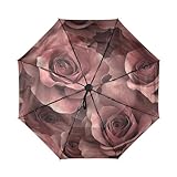 miaozhen Paraguas de viaje de alta calidad, pequeño, portátil, rojo, marrón, rosas de San Valentín, paraguas automático para lluvia y sol, apertura automática, sombrilla para el sol
