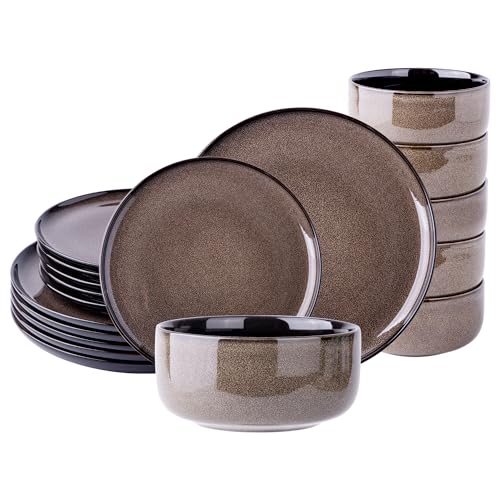 LeRatio Ceramic Dinnerware Sets for 6,Poreclain Plates and Bowls Sets,Handmade Reactive Glaze Dishes Set,Chip Resistant and Scratch Resistant | Oven&Dishwasher & Microwave Safe-Chestnut(18PCS)