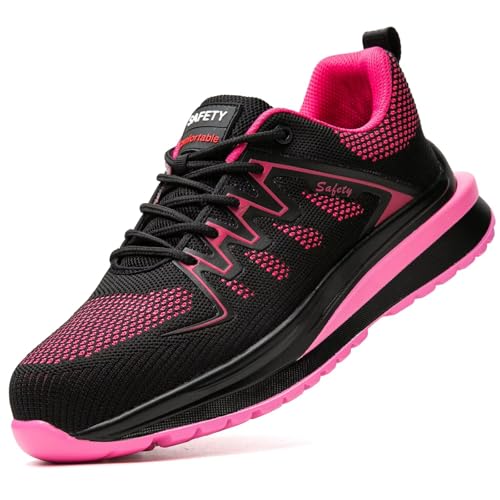 Ruivina Composite Toe Shoes for Men Women Wide fit Safety Shoes Impact Resistant Lightweight Comfortable Breathable Puncture Proof Work Sneakers 666 Black Pink 38