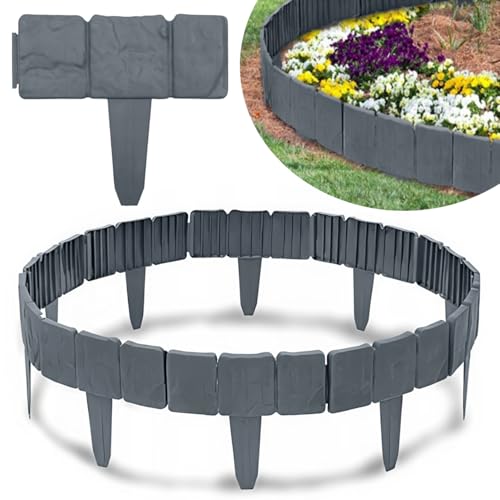 KRUMAD Rasenkante Kunststoff Steinoptik, 10 Stück Set 2,5 Meter, Höhe 23 cm, Beeteinfassung Stein, Beetumrandung Garten, Mähkante für Blumenbeet, Stecksystem, Wetterfest & UV-beständig, Anthrazit