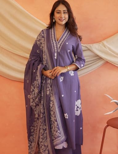 Image of Women's Mulmul Cotton Kurti with Pant and Dupatta