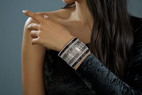 SPUNKYsoul Cuff Bracelets for Women Collection - Adjustable, Stylish Boho Inspired Beaded Bracelets, Trendy Stackable Beads, Ideal for Everyday Wear & Special Occasions (Silver, Black)4