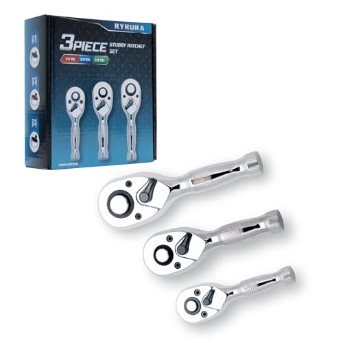 Ryrura 1-4 3-8 1-2 Stubby Drive Ratchet Set,Mini Ratchet Wrench Set,Small Socket Wrench,72-Tooth Quick Release,Reversible Durable Chrome Alloy Made, Fashionable Thread Design, Fully Polished