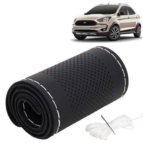 Image of KINGSWAY PU Leatherite Car Steering Cover Sewable Compatible with Ford Freestyle (Year 2018-2021), Black Color with Silver Thread, Pack of 1 with Sewing Needle and Thread