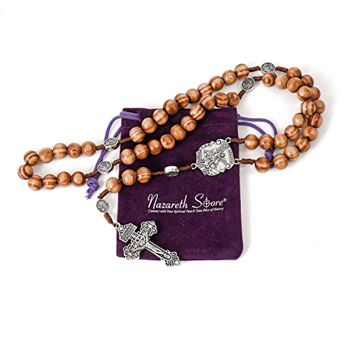Nazareth Store Sacred St Michael Wood Beads Rosary Solid Wooden Prayer Chaplet with Cross Saint Medal & Silver Pardon Crucifix3