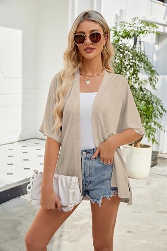 Image of Lightweight Cardigans for Women Summer Short Sleeve Cardigan Beach Coverups | side split hem, open front kimono-style layer for dresses or tanks