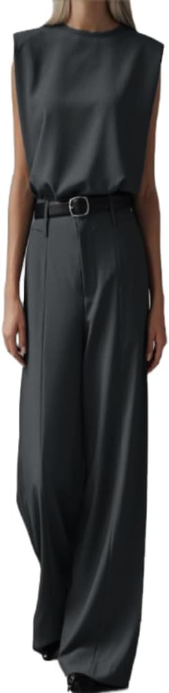Mandonce 2 Picec Outfits for Women Sleeveless Vest Top, with Zipper Belt Design, Loose Long Pants.