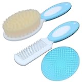 Baby Hair Brush &Silicone Baby Cradle Cap Brush Set, for Newborns & Toddlers-Natural Soft Goat Bristles-Ideal for Cradle Cap-Perfect Baby Registry Gift (Blue)
