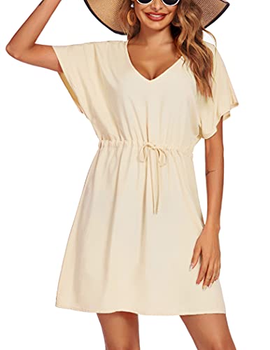 Image of Ekouaer Womens Swimsuit Coverup Short Sleeve Beach Cover Up Dress V Neck Bikini Beachwear