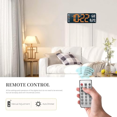 Image of 13 inch Plastic Digital Wall Clock - Large Orange & White LED Display, Remote Control, Auto Brightness Dimmer, Date, Day & Temperature Display - Ideal for Living Room, Office, Gym, Shop
