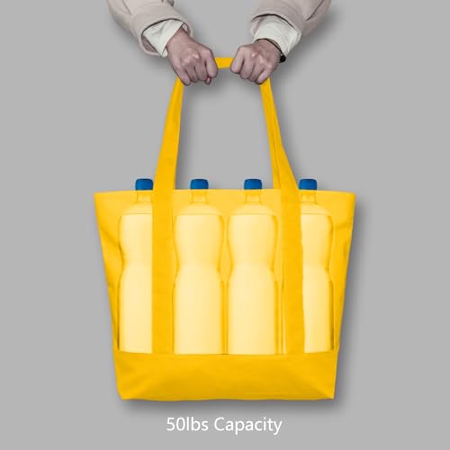 Image of TOPDesign 1-Pack Canvas Tote Bags with an External Pocket, Reusable Grocery Shopping Bags, Top Zipper Closure, Daily Essentials (Yellow)