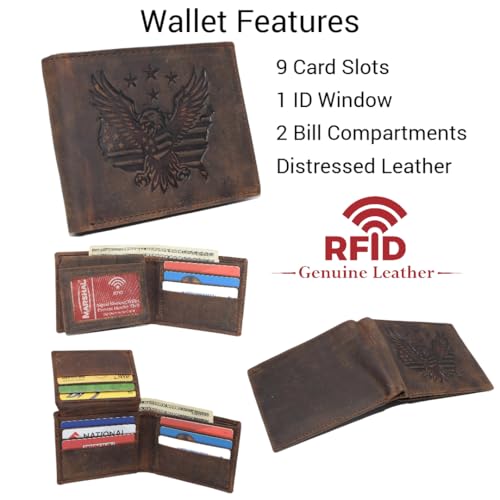 Men’s RFID Blocking Vintage Leather Patriotic Eagle & USA Flag Debossed Bifold Wallet (Brown)3