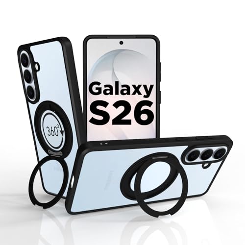 Image of RIGGEAR Shockproof Sleek Hybrid Armor 360 Rotating Magnetic Ring Stand Back Cover Case Compatible with MagSafe Accessories for Samsung Galaxy S26 (Clear PC + Black TPU Bumper)