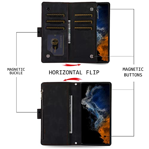 Samsung S23 Wallet case, Samsung S23 Flip Leather Credit Card Slots Zipper Pocket [Magnetic Closure] [Wrist Strap] [Stand] RFID Blocking Wallet Cards Holder for Man Woman Gift (Black)2