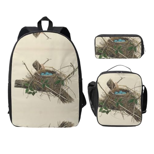 Sac à dos imprimé nid d'oiseaux EdWal noir avec trousse et sac repas