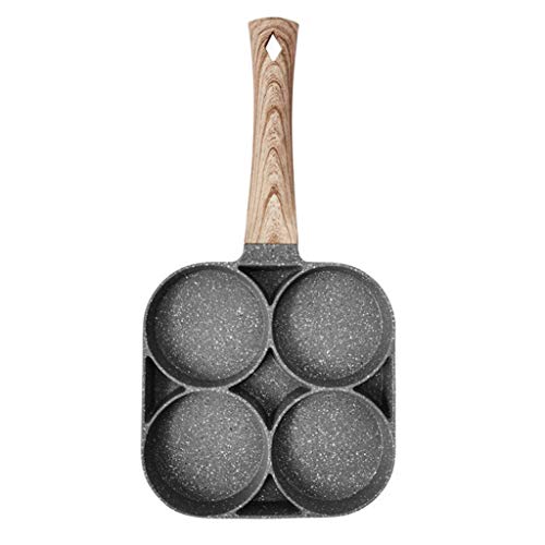 ECVV 4 Hole Omelet Pan for Burger Eggs Ham Pancake Maker Wooden Handle Frying Pot Non-Stick Cooking Breakfast Black