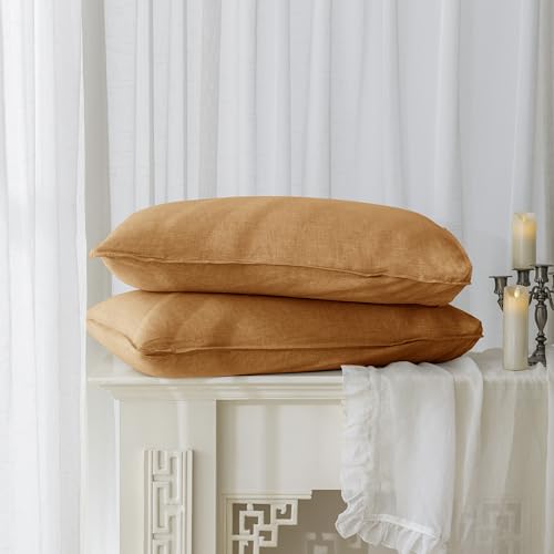 EVERLY 100% Linen Pillowcases Set of 2, Envelope Overlap Closure French Natural Washed Flax Pillowcases 20x36inches-Caramel