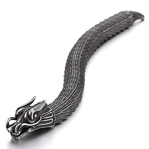 COOLSTEELANDBEYOND Retro Style Mens Steel Dragon Link Chain Bracelet, Vintage Old Metal Finishing, Spring Hook Clasp3