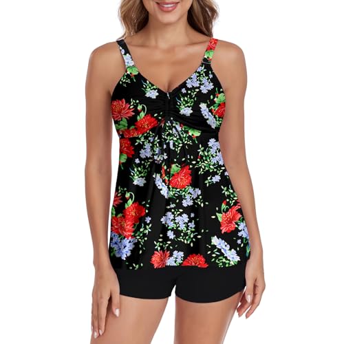 Jollkichay Tankini Swimsuits For Women Tummy Control Bathing Suit Athletic Two Piece Swimsuit Modest Tankini Top With Boyshort Swimming Suits 2 Piece Bathing Suit For Women Black Red Flower X-Large cover