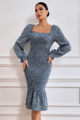 Image of PRETTYGARDEN Women's Long Puff Sleeve Floral Midi Bodycon Dresses Square Neck Ruffle Mermaid Smocked Dress