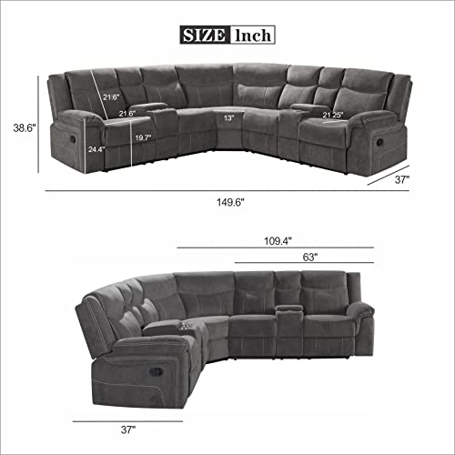 Manual Reclining Sectional Sofa Set Premium Fabric Recliner Corner Sectional Couch With Console & Cup Holders For Living Room #TOP1