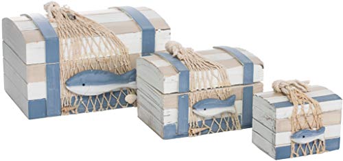 Brandsseller Juego de 3 baúles decorativos, cajas de madera, estilo playa, con accesorios marítimos, color azul y blanco
